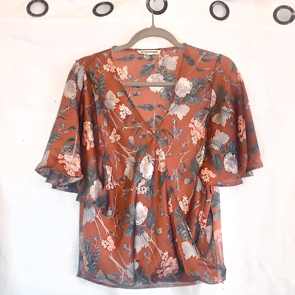 Kimono Inspired Blouse w/ Floral Sleeve Detail